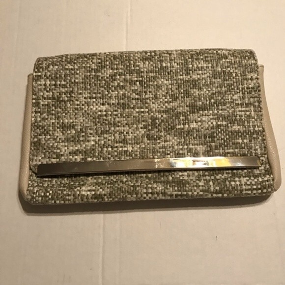 KELLY AND KATIE Tweed Clutch Handbag Chain Strap Green Tan Cream Snap Closure - Picture 1 of 6